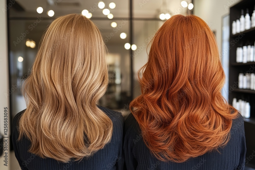Fototapeta premium Blonde and redhead women showing their wavy hair after dyeing treatment in a hair salon