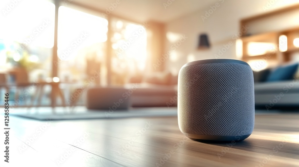 Smart speaker on wooden floor in modern Scandinavian living room during bright afternoon light Smart speaker on wooden floor in modern Scandinavian living room during bright afternoon light