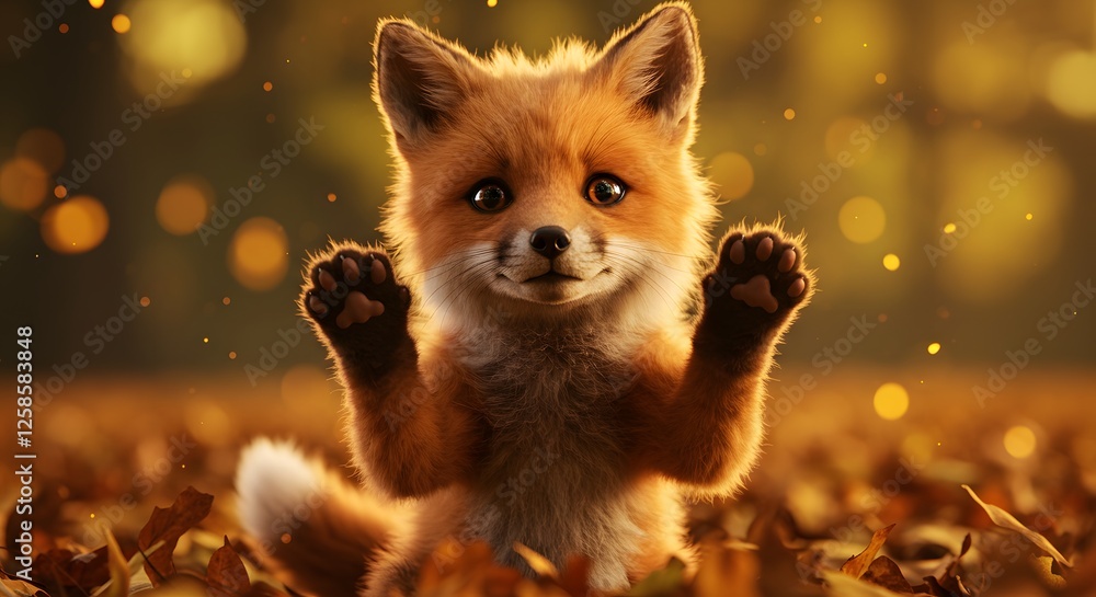 Obraz premium Cute Red Fox Cub Sitting in Autumn Leaves Waving Hello