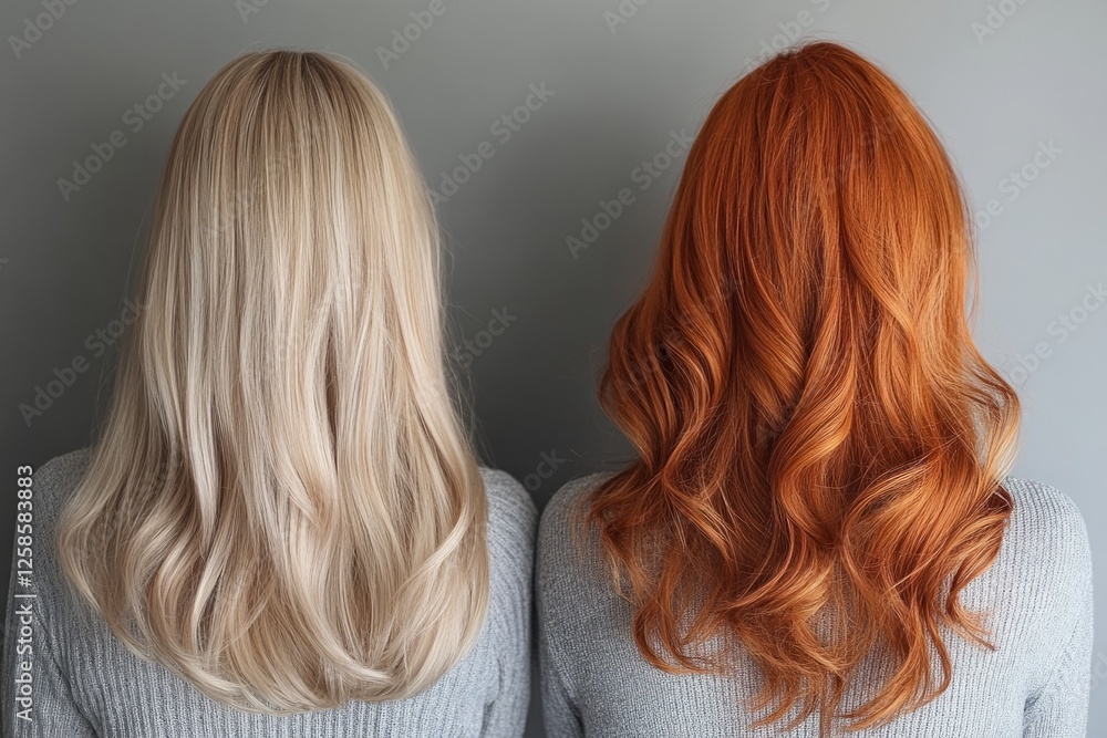 Naklejka premium Back view of two women with different hair colors, showing a comparison of blonde and red hair