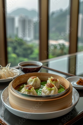 An elegant plate of Xiaolongbao (soup dumplings) with delicate pleats, placed on a bamboo steamer. photo