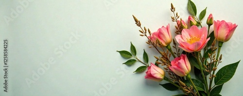 A bundle of brown and green flowers with buds, blossoms, foliage, flowers
