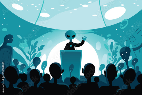 An alien leader, tall and regal, addresses a diverse crowd of extraterrestrial beings,  giving an inspiring speech on a vast, illuminated platform.