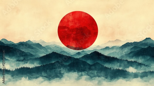 Misty Mountains Sunrise Red Circle photo