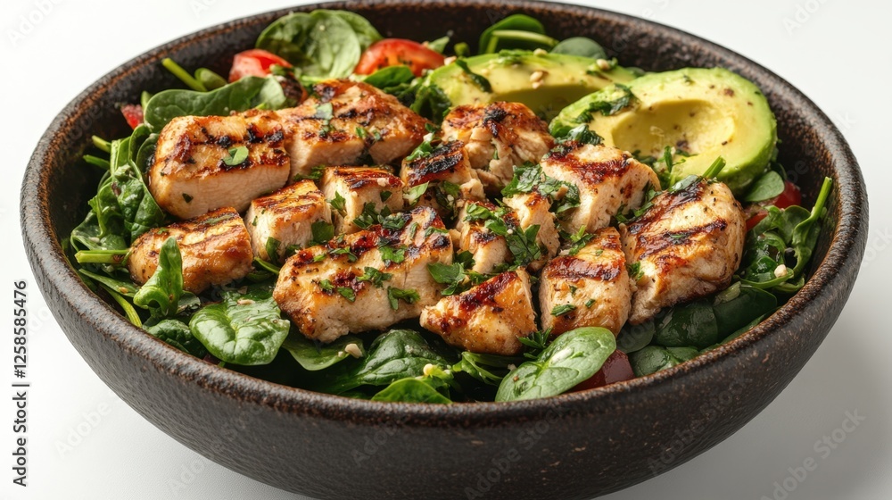 Bowl of fresh spinach and avocado salad topped with grilled chicken pieces and served in a ceramic bowl Bowl of fresh spinach and avocado salad topped with grilled chicken pieces and served in a ceramic bowl