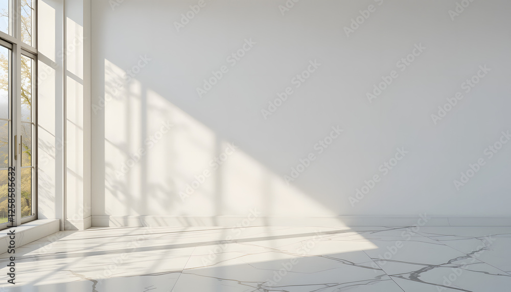 Obraz premium Bright White Room Interior with Sunlight Streaming Through Large