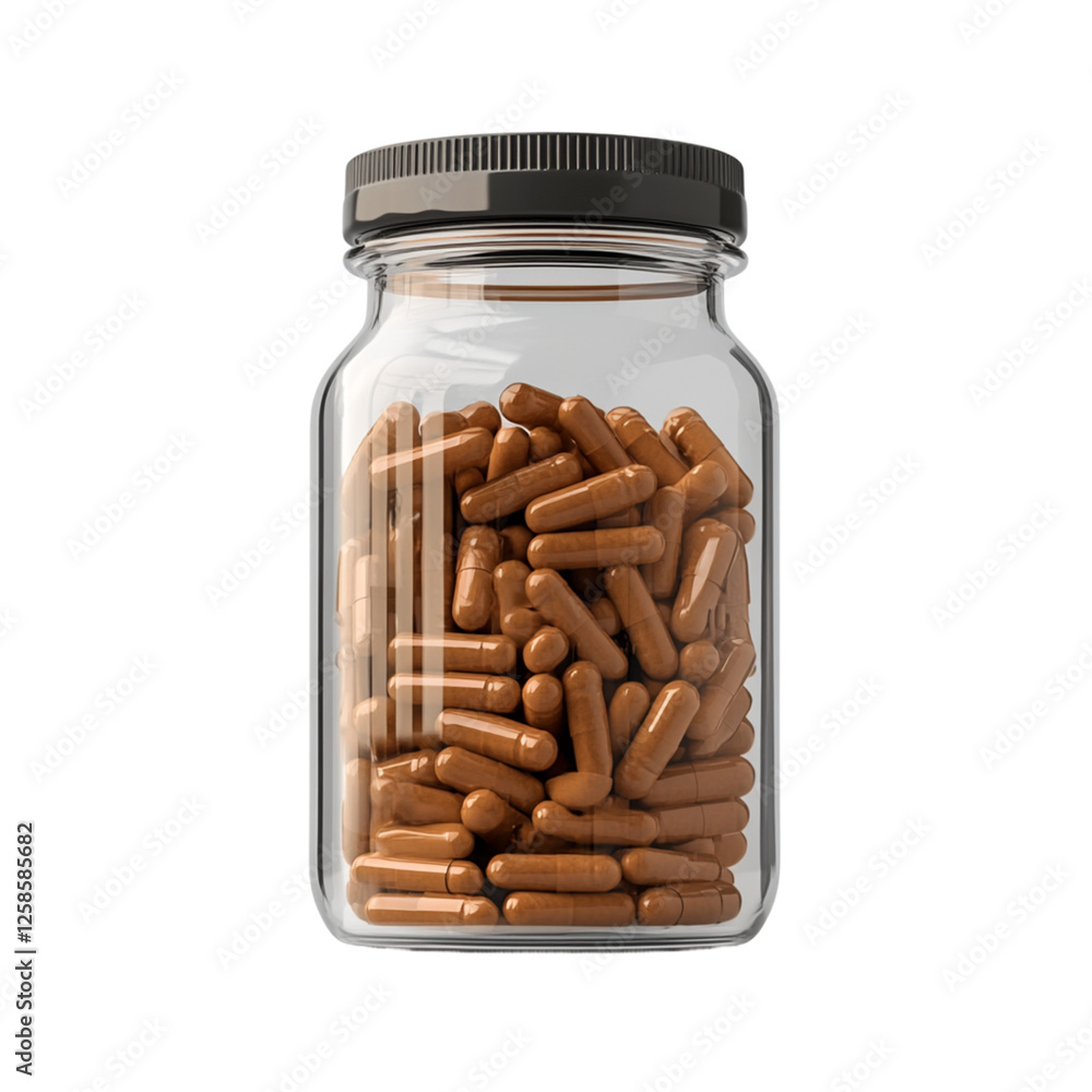 Brown Capsules in Glass Jar Medicine Bottle Supplement Health 3d drug care body dose pills image ,Transparent Background Brown Capsules in Glass Jar Medicine Bottle Supplement Health 3d drug care body dose pills image ,Transparent Background