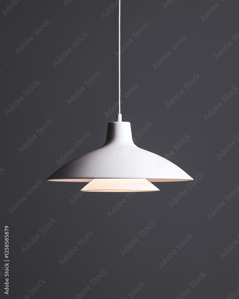 Modern white pendant lamp illuminating a minimalist space with a dark backdrop. Modern white pendant lamp illuminating a minimalist space with a dark backdrop.