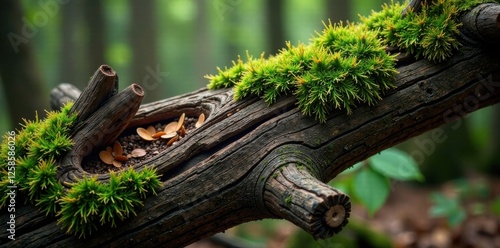 Wooden bark with gnarled texture and moss growth, earthy, wood photo