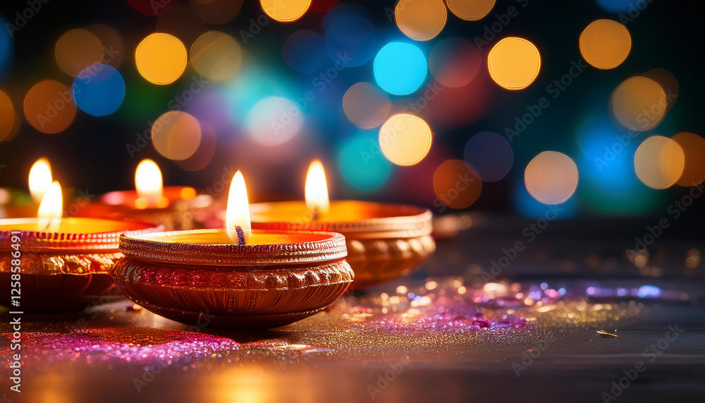 diwali celebration with lit diyas and colorful bokeh background diwali celebration with lit diyas and colorful bokeh background