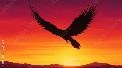 Silhouette of a majestic bird soaring against a vibrant sunset. Warm colors and dramatic lighting create a powerful image.