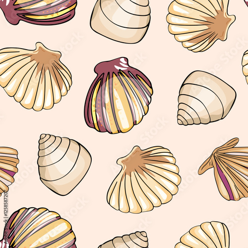 Marine pattern. Fish, anchor, octopuses, sharks, whales. Vector seamless pattern with decorative sea elements. Vintage background