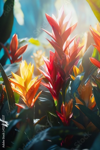 Vibrant vriesea splendens flowers thriving in a sunlit tropical garden, displaying their colorful foliage photo