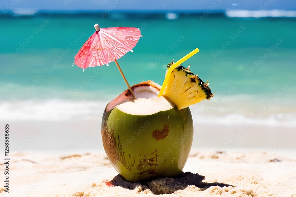 Piña colada servida en coco con decoración tropical. Generada con inteligencia artificial ai. Piña colada servida en coco con decoración tropical. Generada con inteligencia artificial ai.