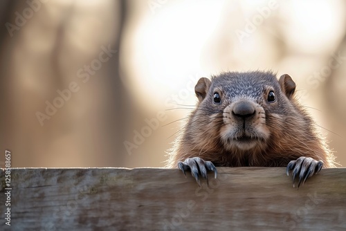 Curious groundhog peeking over wooden fence in sunlit forest photo