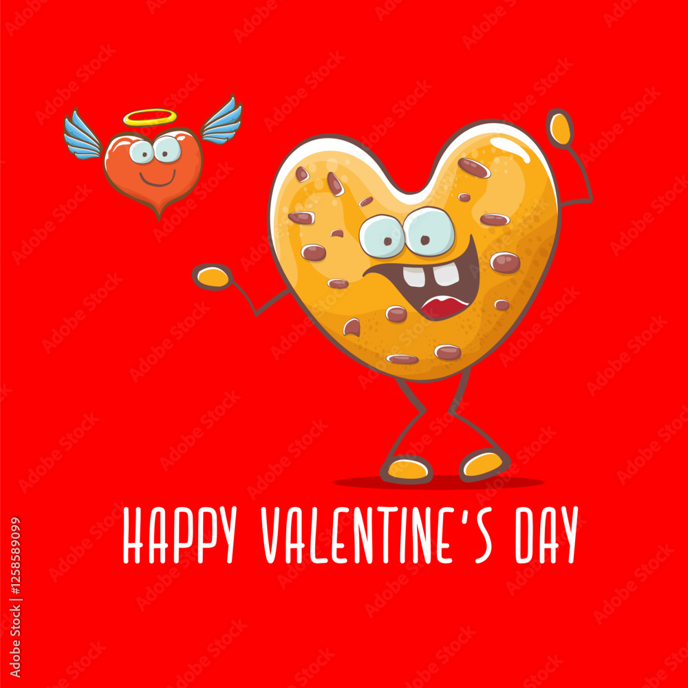 Φωτογραφία vector funny hand drawn valentines day greeting card with homemade chocolate chip heart shape cookie character isolated on red background