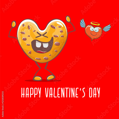 vector funny hand drawn valentines day greeting card with homemade chocolate chip heart shape cookie character isolated on red background. Happy Valentines day cartoon red banner or poster.