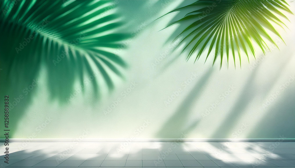 blurred shadow of palm leaves on a white wall with green lighting fixtures summary minimal history for a product presentation summer and spring seasons blurred shadow of palm leaves on a white wall with green lighting fixtures summary minimal history for a product presentation summer and spring seasons