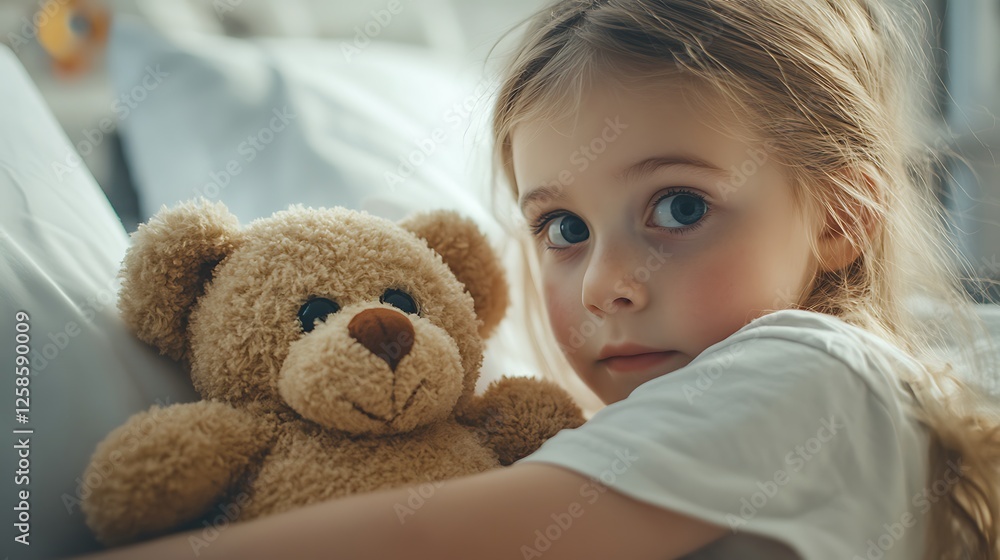 A close-up of a young girl hugging a teddy bear, showcasing innocence and comfort A close-up of a young girl hugging a teddy bear, showcasing innocence and comfort