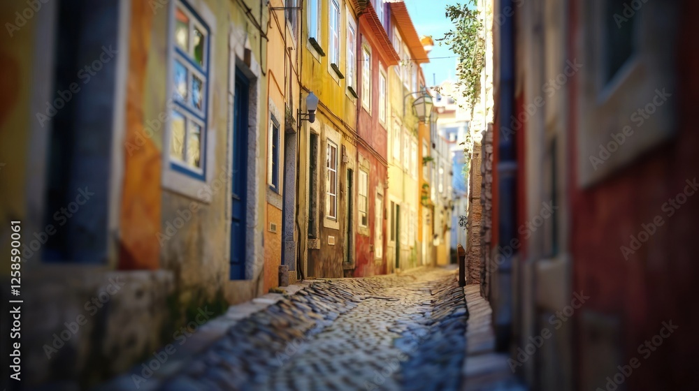 Fototapeta premium Charming Cobblestone Alleyway in Lisbon, Portugal: A Glimpse into Colorful European Architecture