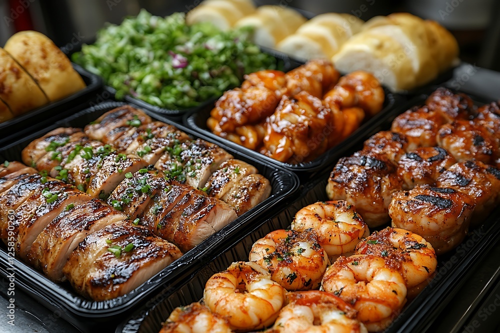 A vibrant display of grilled seafood and meats with fresh salad and bread rolls in a restaurant setting A vibrant display of grilled seafood and meats with fresh salad and bread rolls in a restaurant setting