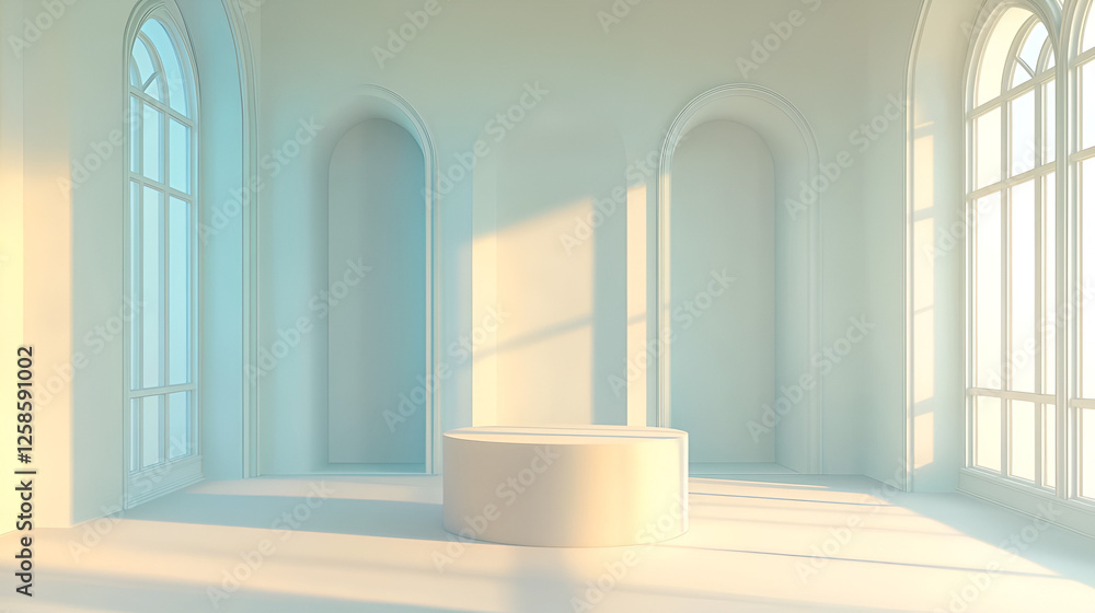Serene Minimalist Room with Cylindrical Pedestal: A sunlit, minimalist interior features arched windows and a cylindrical pedestal. Serene Minimalist Room with Cylindrical Pedestal: A sunlit, minimalist interior features arched windows and a cylindrical pedestal.