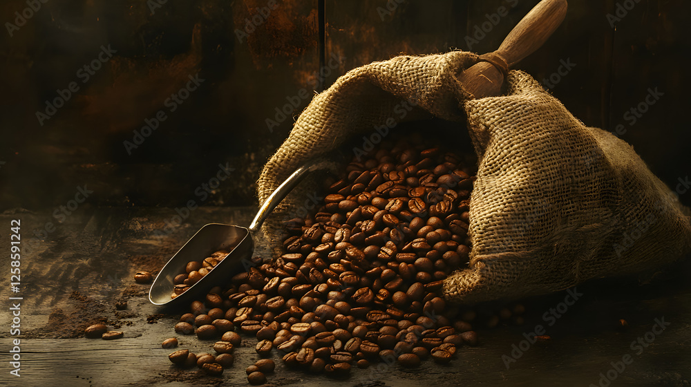 Rustic Coffee Beans in a Burlap Sack with Scoop on Wooden Surface Rustic Coffee Beans in a Burlap Sack with Scoop on Wooden Surface