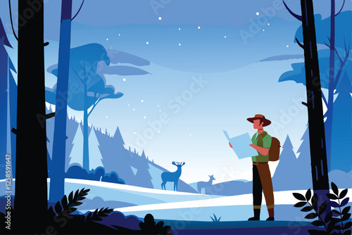 A lone park ranger stands amidst towering redwood trees in a sun-dappled forest, showcasing the tranquility of nature.  A (1) indicates a detail to be added.