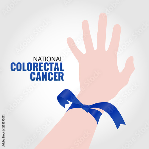 Vector illustration of National Colorectal Cancer Awareness Month. Hand with ribbon.
