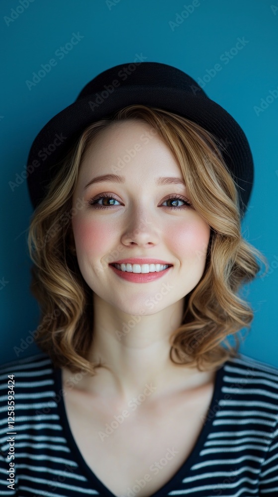 Portrait of a Smiling Young Woman with Blonde Curly Hair Wearing a Black Hat and Striped Shirt Portrait of a Smiling Young Woman with Blonde Curly Hair Wearing a Black Hat and Striped Shirt