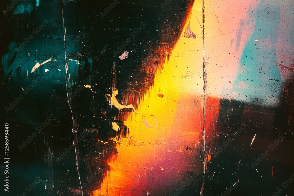Obraz premium Vibrant and textured abstract grunge background, featuring a mix of colors, scratches, and cracks, creating a visually striking design