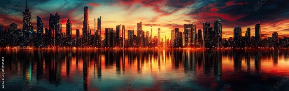 City skyline during a vibrant sunset reflection. City skyline during a vibrant sunset reflection.