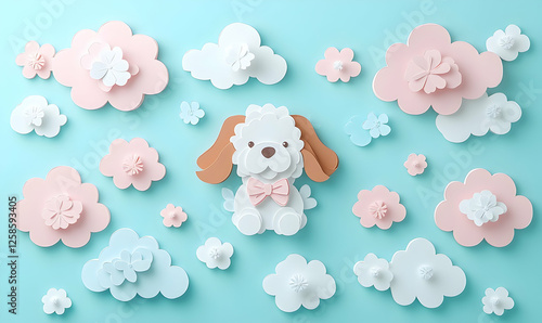 Cute paper dog among clouds and flowers; flat lay design; child's room decor; social media content photo