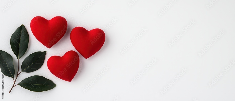 Three red hearts and green leaves arranged on a clean white background. Three red hearts and green leaves arranged on a clean white background.