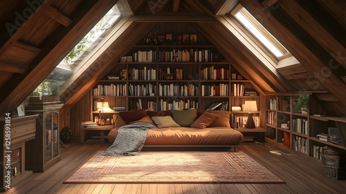 Cozy attic loft with wooden beams featuring a bed bookshelf bookcase and comfortable couch