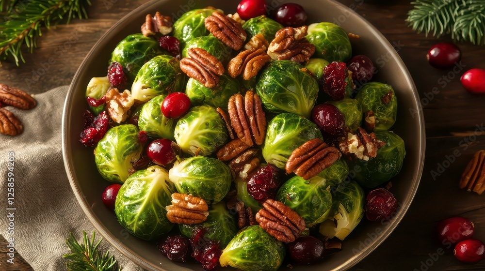 Fototapeta premium A tight shot of a plate filled with Brussels sprouts, cranberries, and pecans