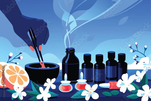 A skilled perfumer meticulously blends fragrant essences within a sophisticated laboratory, surrounded by an array of exotic ingredients and scientific apparatus.