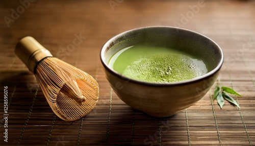 Té matcha en tazón japonés con batidor de bambú photo