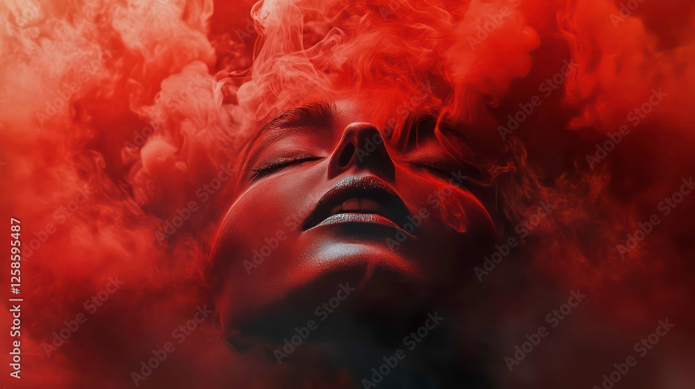 A tight shot of a human head with red smoke billowing from the top and lower facials areas A tight shot of a human head with red smoke billowing from the top and lower facials areas