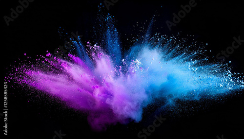 explosion of violet and blue colorful powder or dust color particle splash fume effect festive abstract heritage explode particles freeze isolated on black
