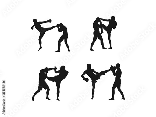 Muay Thai fighter illustration with silhouette. muay thai fighter silhouette logo. Different action, pose. Muay Thai, kickboxing vector silhouettes set on a white background.