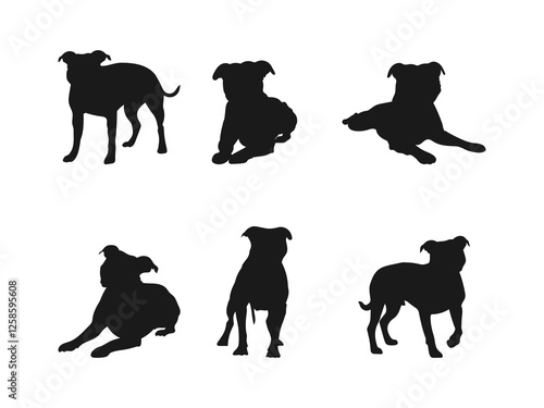Staffordshire Terrier Dog Silhouette. Flat style dogs logo collection. vector illustration. Dog breed Staffordshire Bull Terrier. Side and front view silhouettes are isolated on a white background.