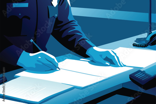 Canvas-taulu A uniformed police officer meticulously fills out paperwork at their desk in a brightly lit office, showcasing diligent report writing