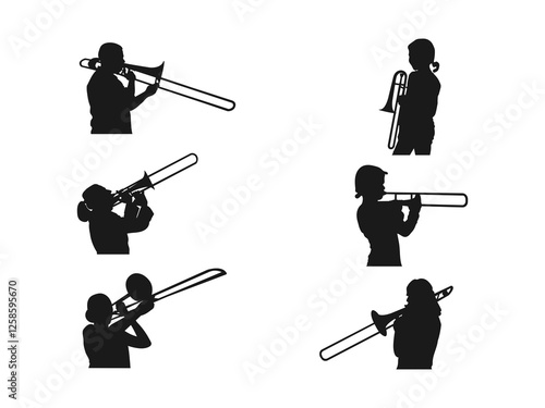 Trombone player playing violins silhouette vector illustration. Trombone player vector silhouette illustration isolated. The trombone player silhouette is set isolated on a white background.