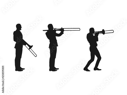 Trombone player playing violins silhouette vector illustration. Trombone player vector silhouette illustration isolated. The trombone player silhouette is set isolated on a white background.