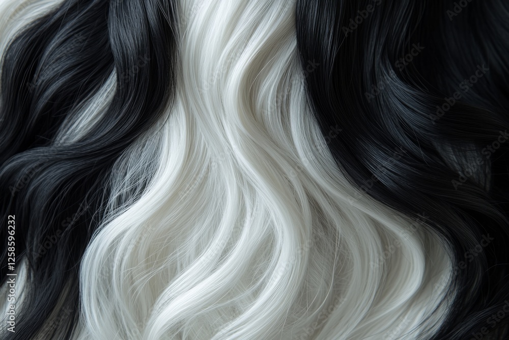 Naklejka premium Close-up of flowing black and white hair, forming an elegant wavy pattern