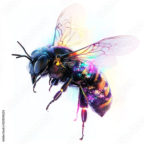 Vibrant Rainbow Bee Digital Art Abstract Insect Nature Colorful Wings Detailed Closeup Fantasy Artistic Illustration Graphic Design Element Honeybee  
