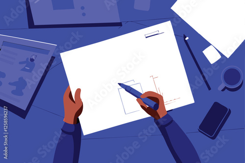 A focused product designer sketches innovative concepts amidst scattered design mockups, tools, and inspirational objects.