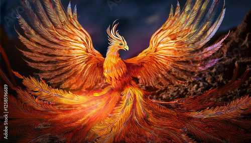 traditional bird in form of mystical firebird phoenix rising from ashes generative ai