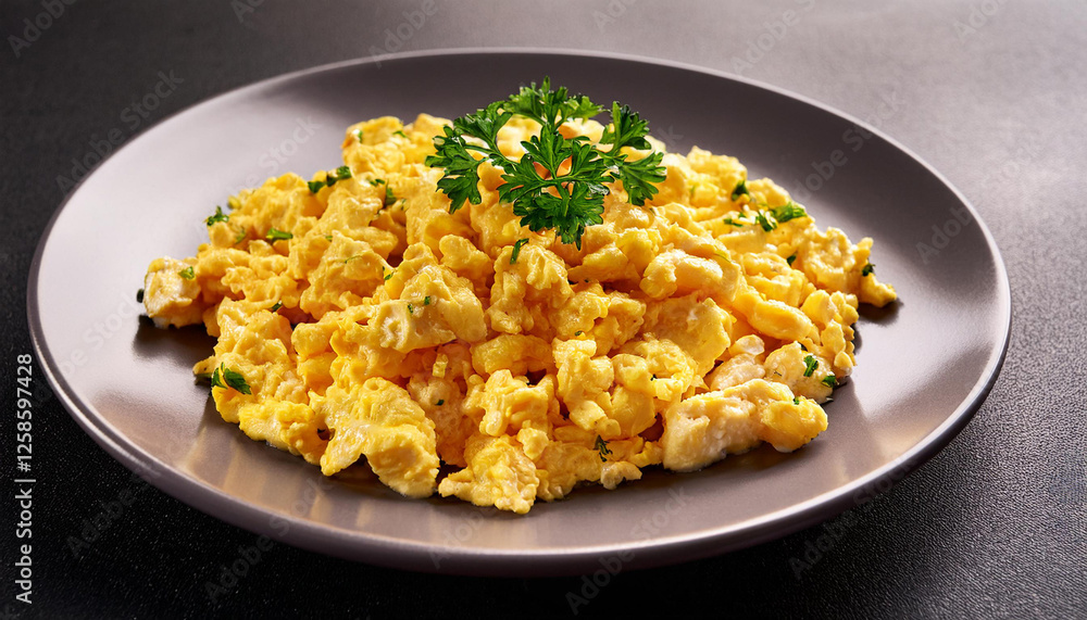a plate of scrambled eggs with parsley on pinnacle a plate of scrambled eggs with parsley on pinnacle